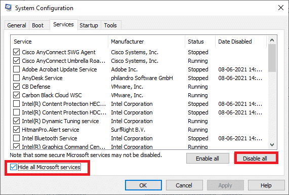 ทำเครื่องหมายที่ช่องถัดจาก Hide all Microsoft services และคลิกที่ปุ่ม Disable all  แก้ไข win32kfull.sys BSOD ใน Windows 10