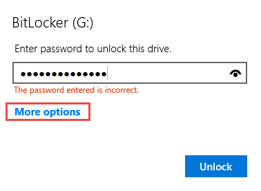 Haga clic o toque Más opciones para desbloquear su unidad BitLocker