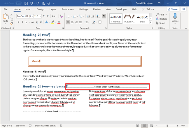 Ngắt phần (Liên tục) trong Microsoft Word