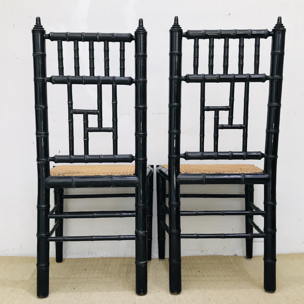 Ebonized Faux Bamboo Cane Seat Side Chair Pair