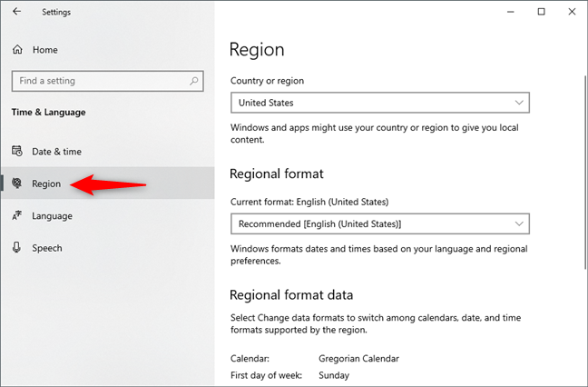 La página Región de la configuración de Windows 10