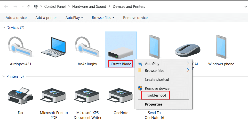 Klik met de rechtermuisknop op het USB-apparaat en selecteer de optie Problemen oplossen in het venster Apparaten en printers.  Fix Onbekend USB-apparaatbeschrijvingsverzoek mislukt in Windows 10