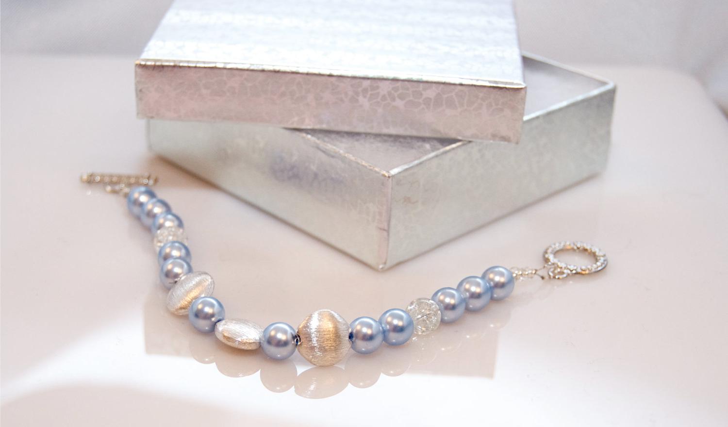 Blue Pearl and Silver Bracelet, Silver Beaded Bracelet with Light Baby Blue