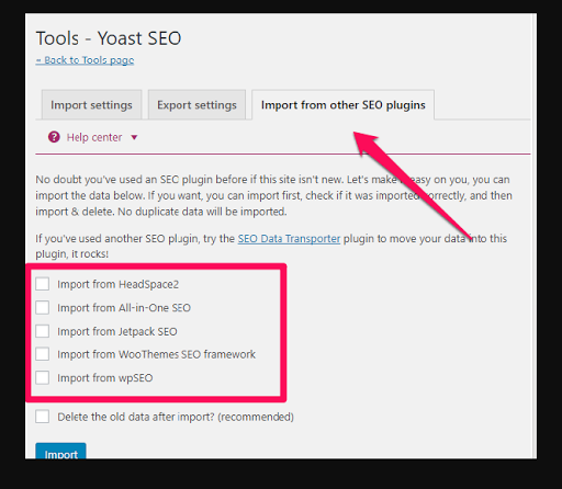 Yoast SEO Plugin settings for Import SEO data