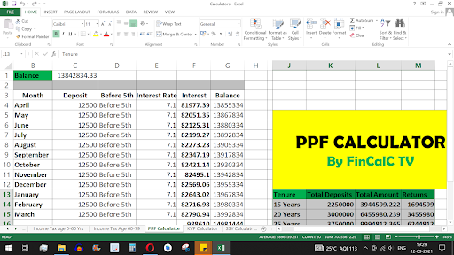 PPF Excel Calculator screenshot showing PPF interest calculation by FinCalC Blog