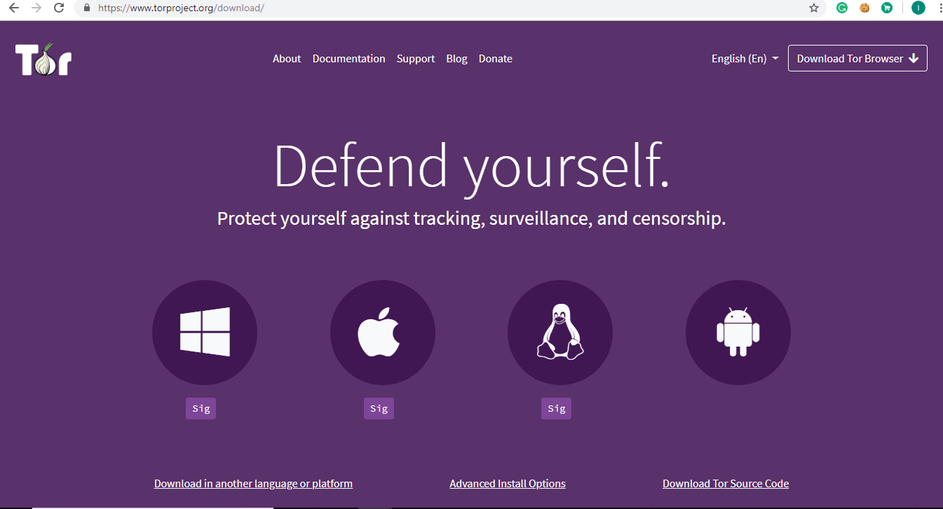 เยี่ยมชมเว็บไซต์และคลิกดาวน์โหลด Tor Browser ที่มุมบนขวา