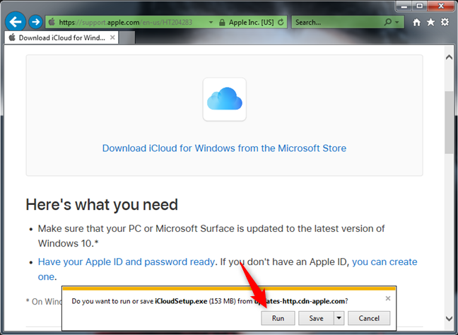 Ejecutar el instalador de iCloud para Windows 7