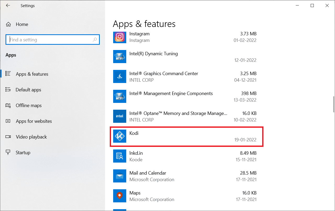 Faites défiler vers le bas et cliquez sur l'application Kodi.  Correction de l'assistant Kodi Ares ne fonctionnant pas