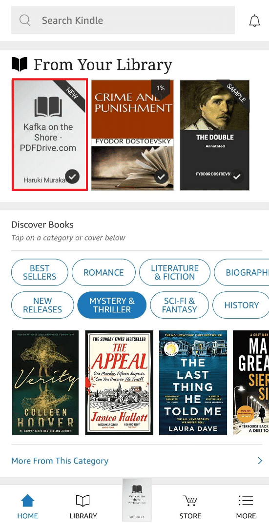 Ahora, abra la aplicación Kindle en su dispositivo y encontrará el archivo MOBI movido en Desde su biblioteca