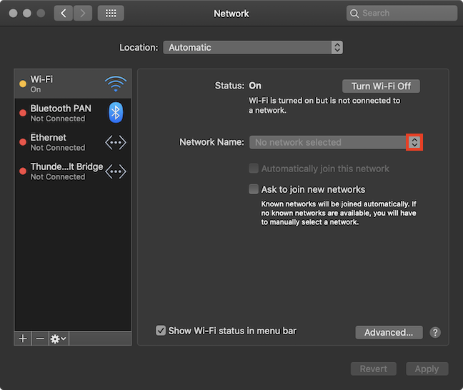 Fare clic sulle frecce per selezionare una rete Wi-Fi