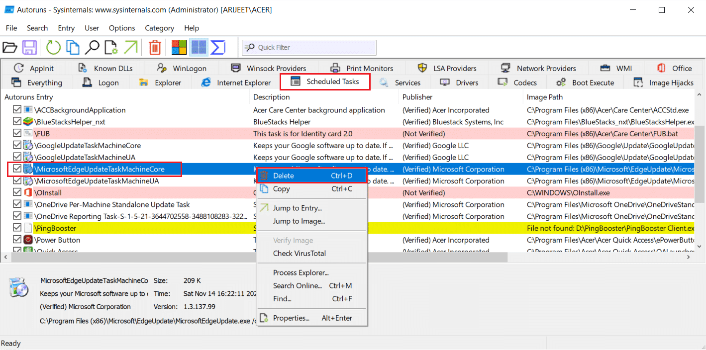 Vai alla scheda Attività pianificate e fai clic con il pulsante destro del mouse su una voce di esecuzione automatica e seleziona l'opzione Elimina nell'app di esecuzione automatica.  Come correggere l'errore mancante StartupCheckLibrary.dll