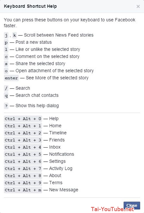 Hình 4 - Những phím tắt sử dụng Facebook trên trình duyệt Web