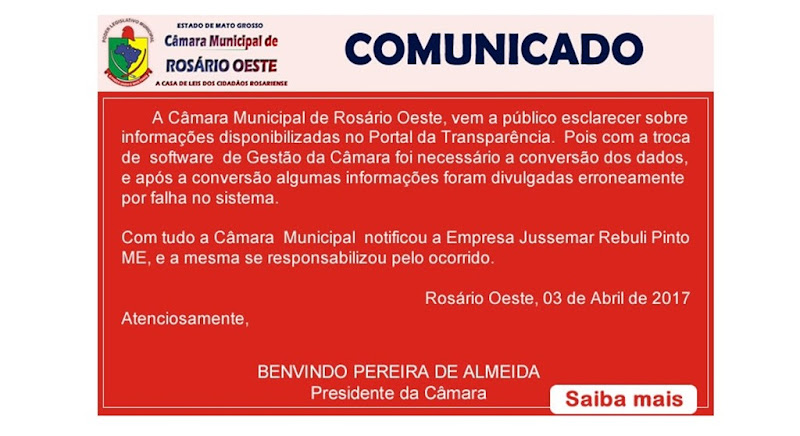 Câmara Municipal de Rosário Oeste emite Comunicado sobre portal transparência