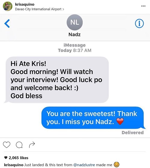 Kris Aquino text exchange with Nadine Lustre