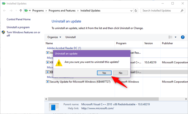 Desinstalar una actualización de Windows 10