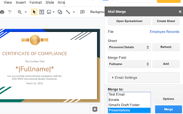 Screenshot of Mail Merge