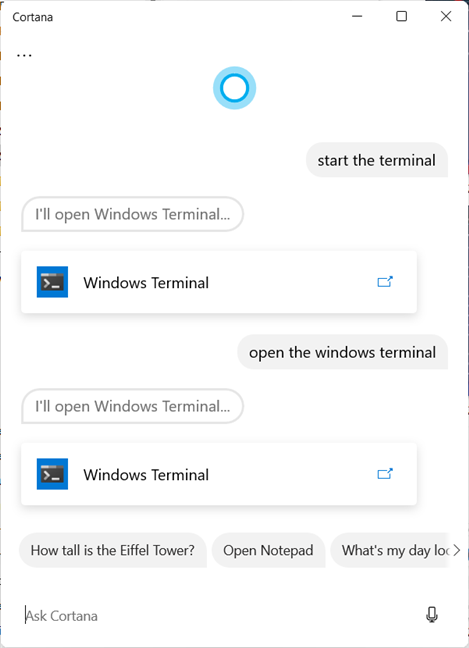 Cortana 可以为你启动 Windows 终端