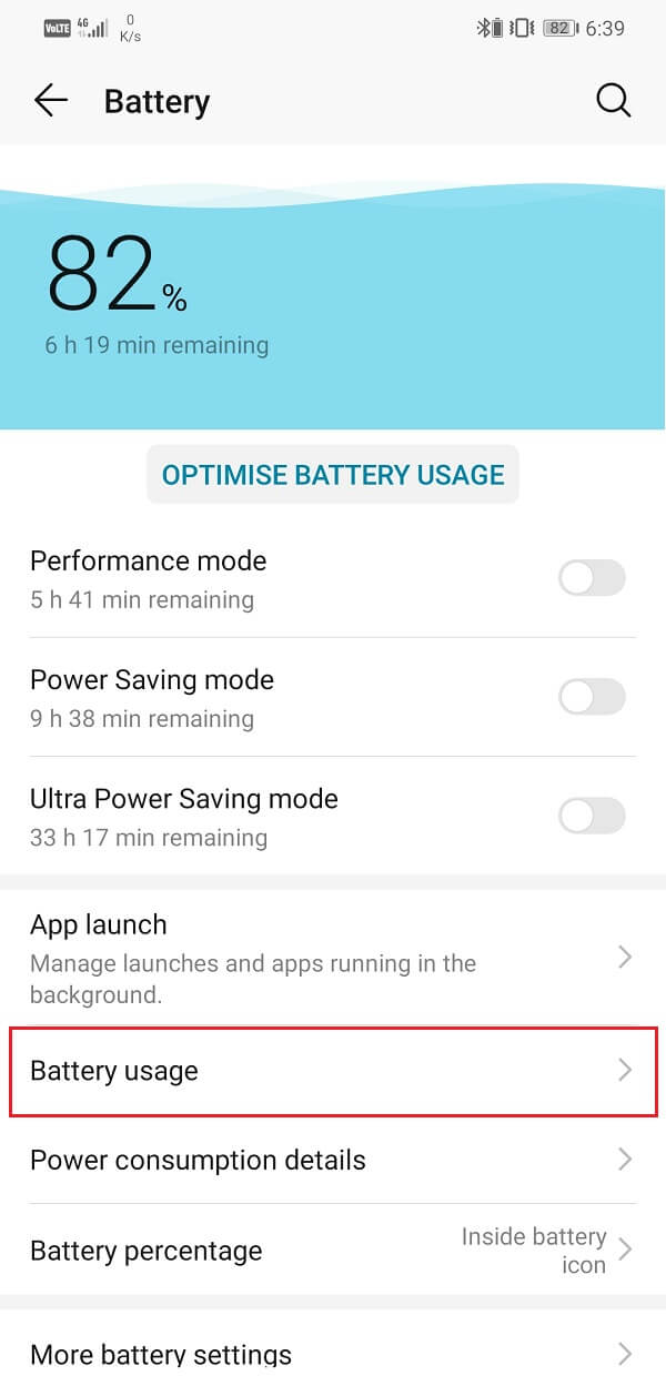 Klik op de optie Batterijgebruik