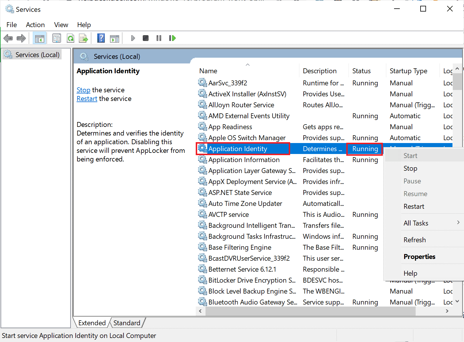 서비스 창에서 애플리케이션 ID 찾기 |  Windows 10 앱이 작동하지 않는 문제 수정