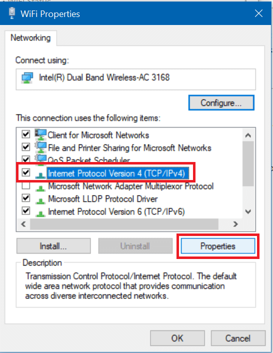 เลือก Internet Protocol รุ่น 4 (TCPIPv4) และคลิกที่ปุ่ม Properties อีกครั้ง