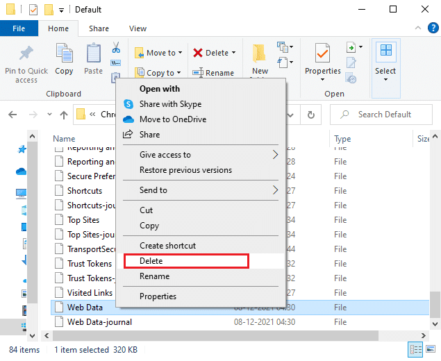 ตอนนี้ให้เลื่อนลงและคลิกขวาที่ไฟล์ Web Data แล้วคลิกที่ตัวเลือก Delete  แก้ไขข้อผิดพลาดโปรไฟล์ Chrome