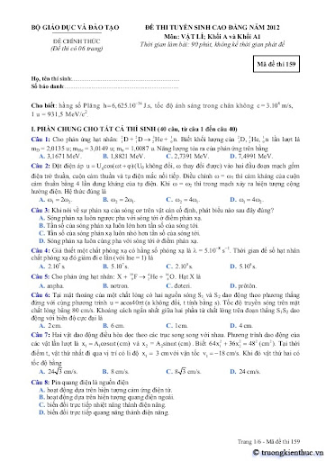 Đề và đáp án thi Cao đẳng môn Vật lý khối A, A1 năm 2012
