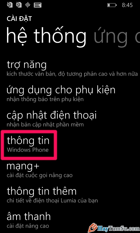 chọn mục Thông tin trong phần cài đặt Windows Phone