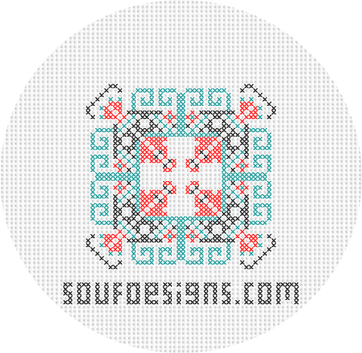 Aqua Blue and Red Cross Stitch Needle Point Embroidery Pattern