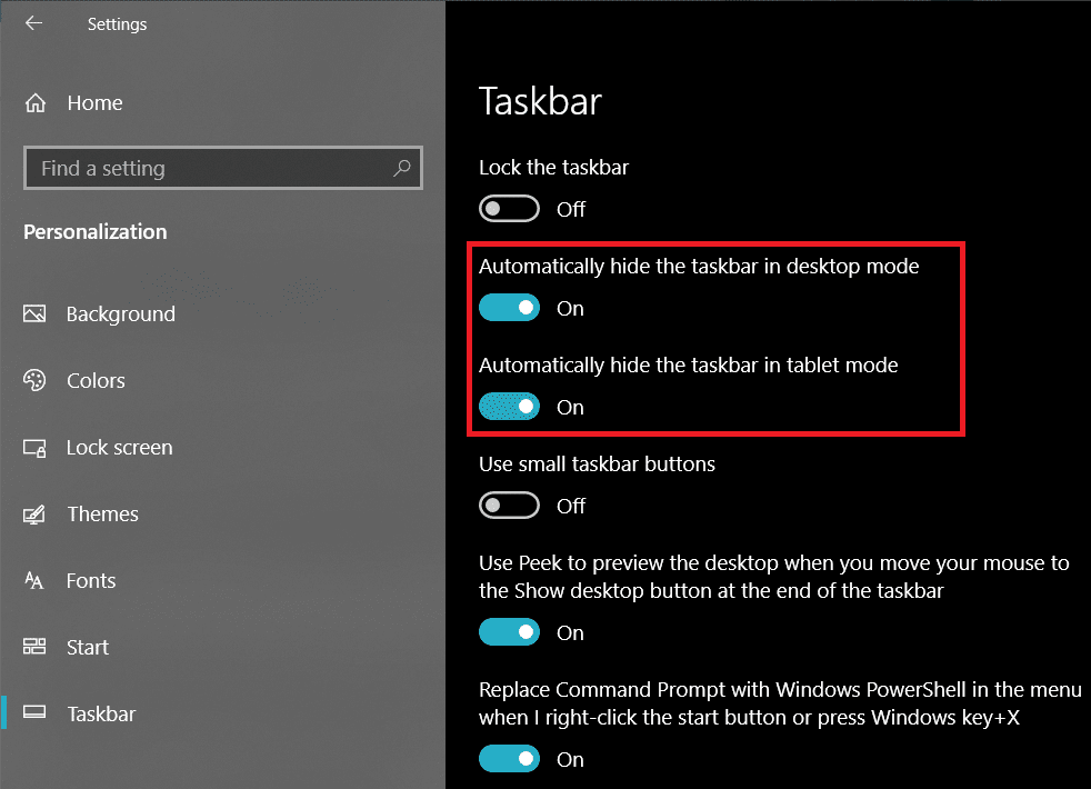 それぞれのトグルスイッチをクリックして、両方のオプションを有効にします（自動的に非表示にします）