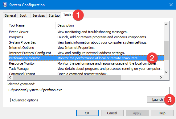 Démarrer l'Analyseur de performances à partir de la configuration du système