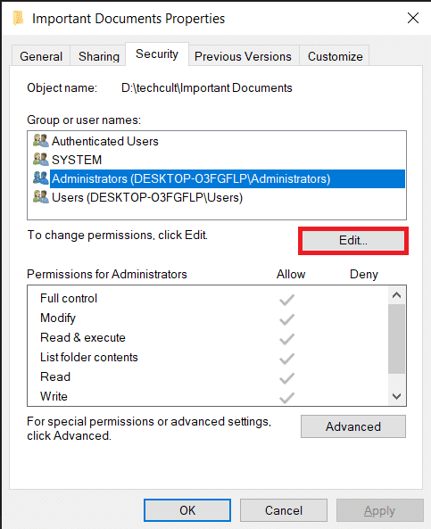 Haga clic en el botón Editar... para cambiar los permisos del archivo.