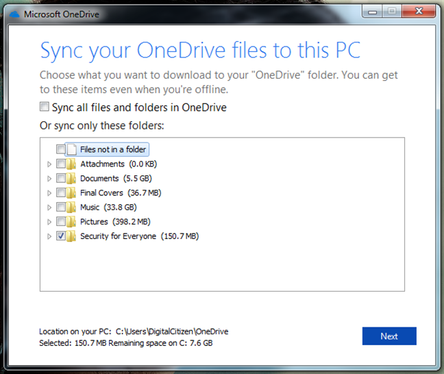 选择与 OneDrive 同步的文件夹