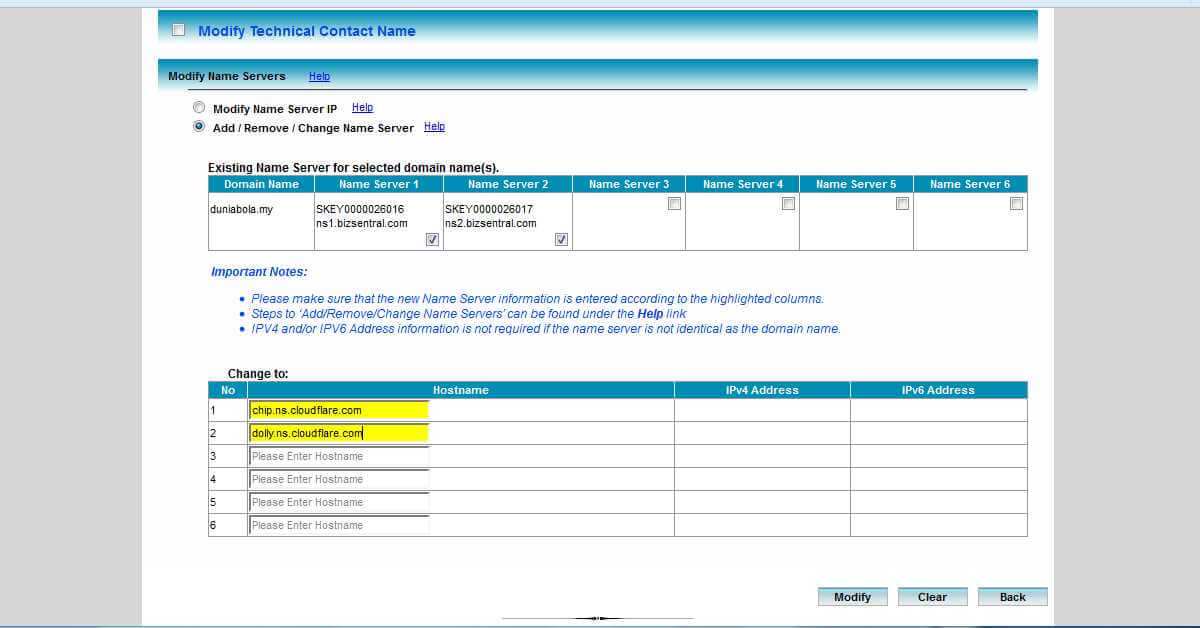 MyNic Modify Name Servers Change