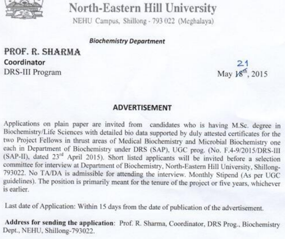 NEHU Medical/Microbial Biochemistry Project Vacancies