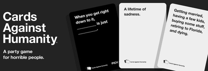 Cards Against Humanity-display-advertentie die laat zien hoe het spel moet worden gespeeld.