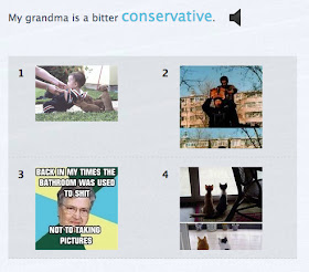 multiple choice question with sentence "My grandma is a bitter conservative" with one photo including the image of an older woman and the words "Back in my times the bathroom was used to shit not to taking pictures"