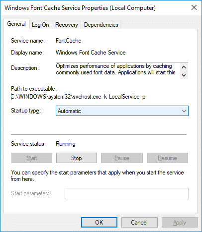 Start Windows Font Cache Service en stel het opstarttype in op Automatisch |  Herbouw lettertypecache in Windows 10