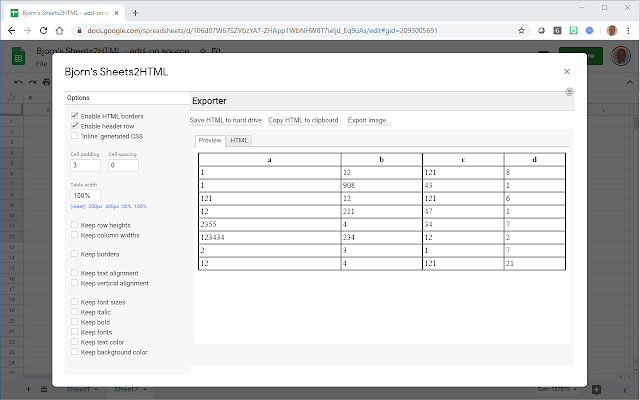 Screenshot of Bjorn's Sheets2HTML