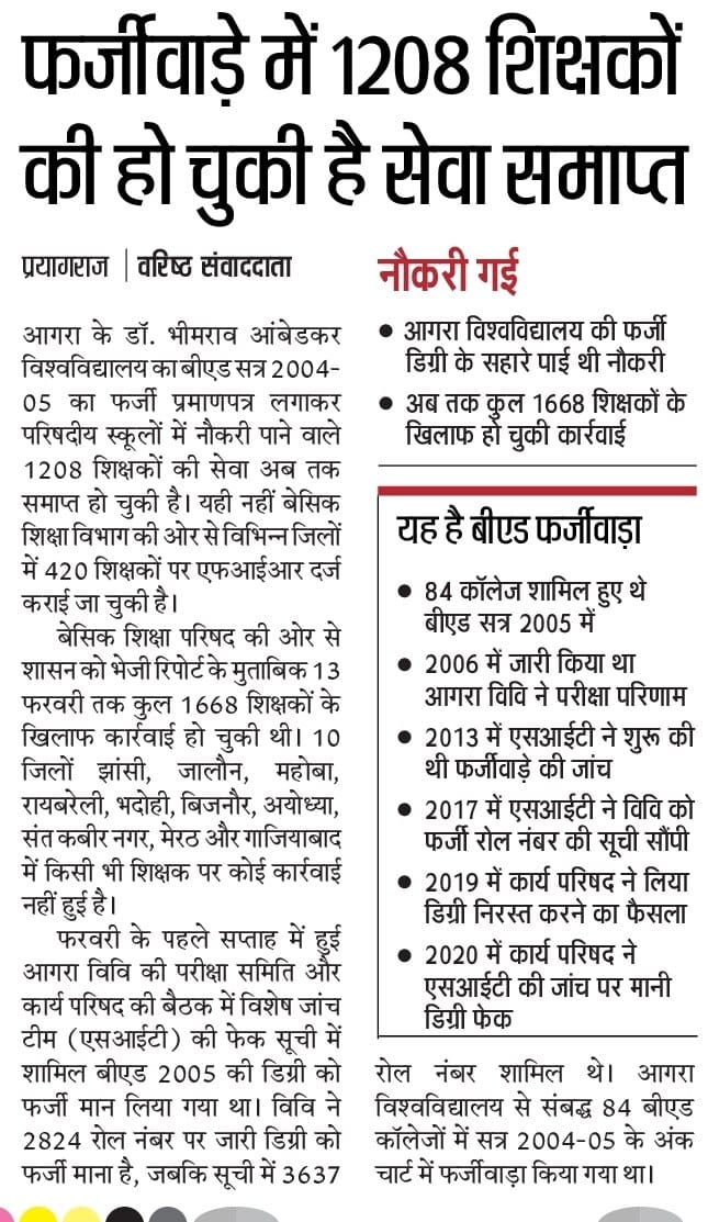 बेसिक शिक्षा विभाग में फर्जीवाड़े के तहत नियुक्त 1208 शिक्षकों की हो चुकी है सेवा समाप्त, यह है बीएड फर्जीवाड़ा