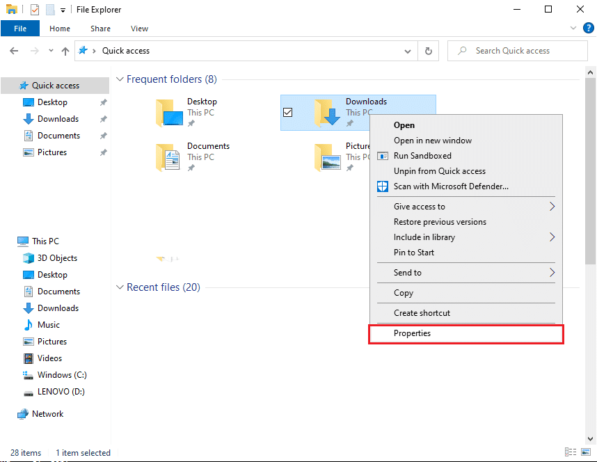 Wybierz folder pobierania z szybkiego dostępu i kliknij prawym przyciskiem myszy, aby otworzyć właściwości