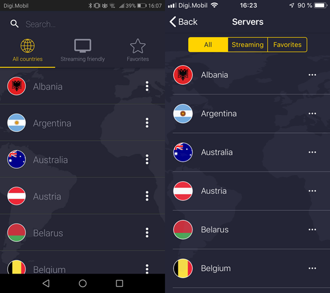 Scelta del server VPN in CyberGhost VPN per Android o iOS