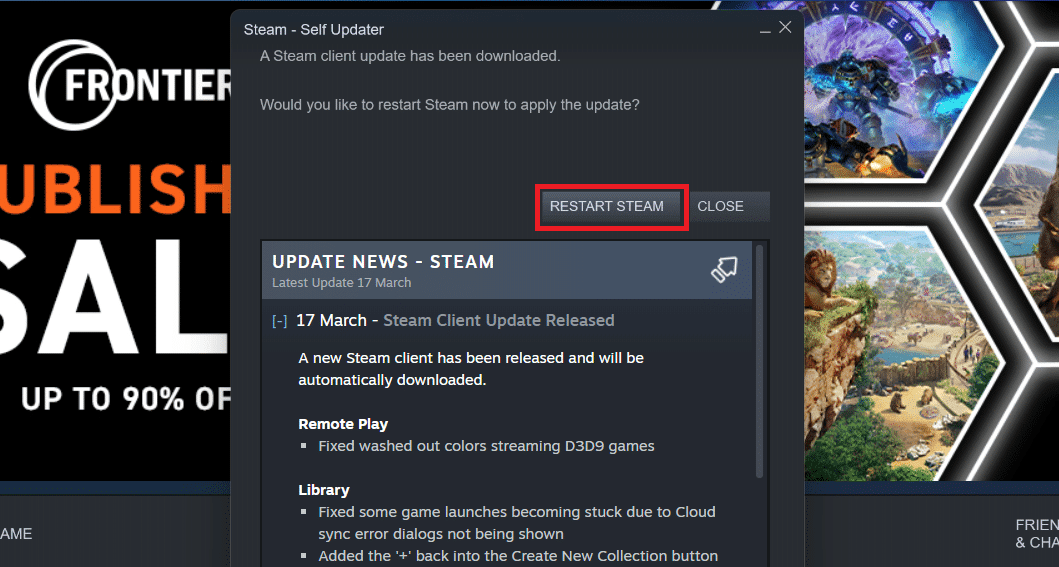 Steam – Self Updater scaricherà gli aggiornamenti automaticamente, se disponibili.  Fare clic su RIAVVIA STEAM per applicare l'aggiornamento.