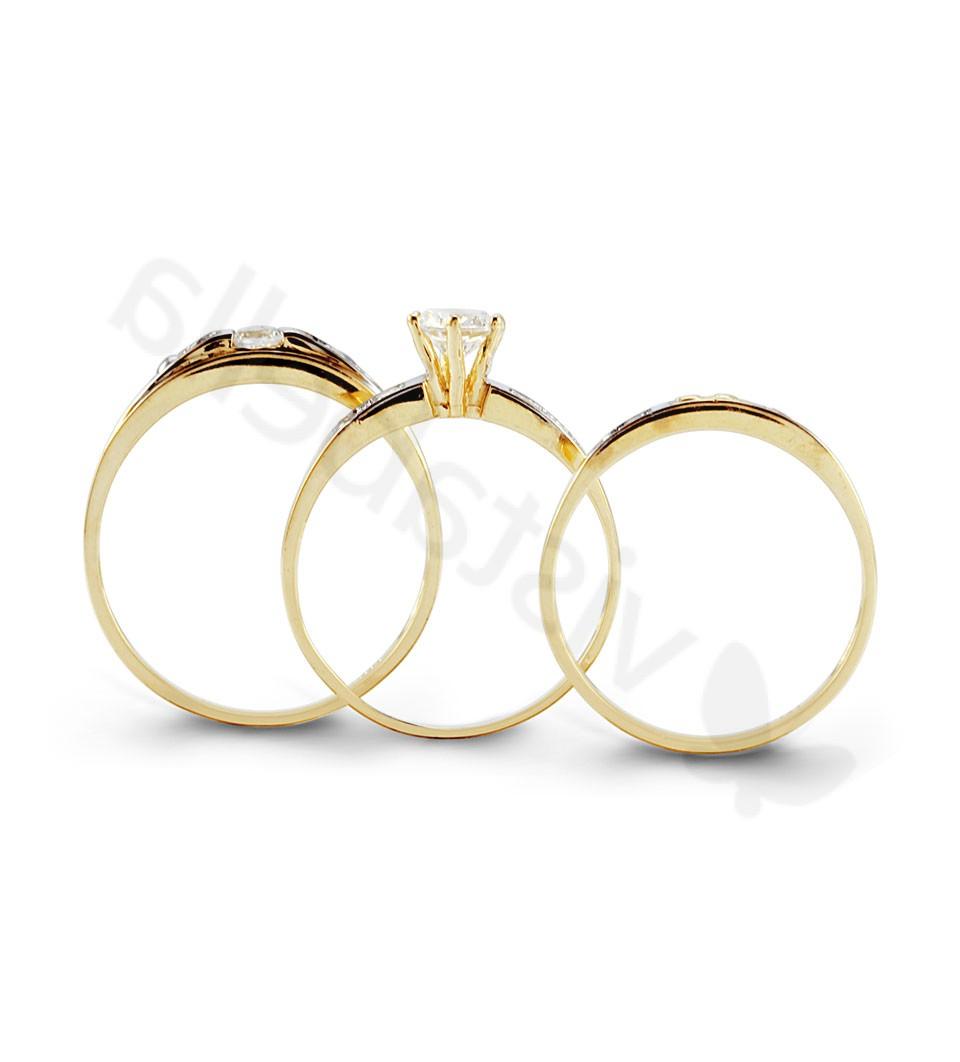 Solid 14k Two Tone Gold Round Channel CZ Wedding Trio - Trio Sets - Bridal