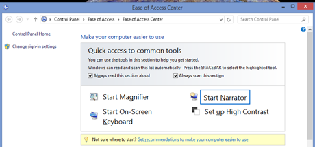 접근성 센터, Windows 8.1, 내레이터