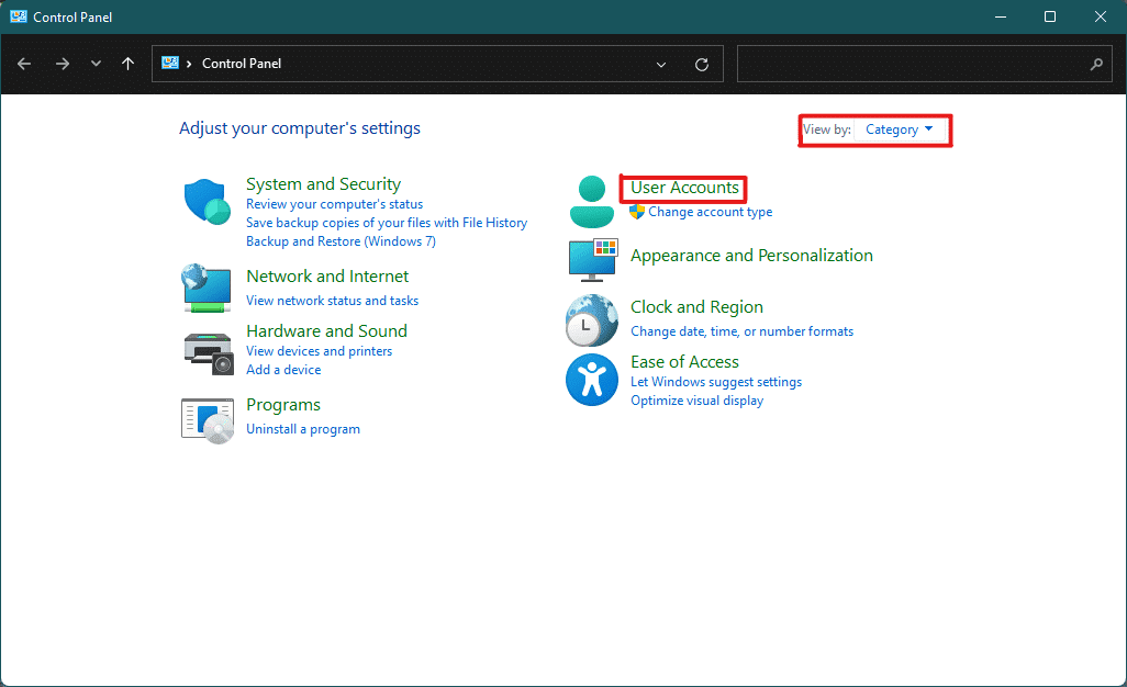 sélectionnez les paramètres des comptes d'utilisateurs dans le panneau de configuration Windows 11