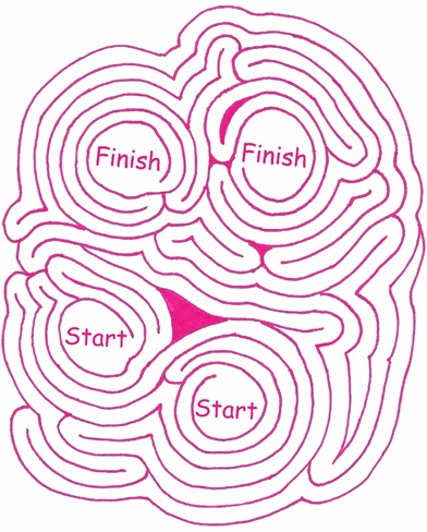 Maze Number 109: Finish to Start.  A pink printable maze.