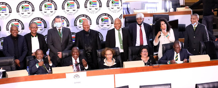 Members of the ANC NEC posing with President Cyril Ramaphosa during a break at the state capture commission of inquiry in April 2021. File image