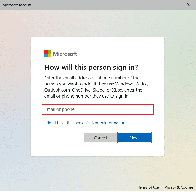 inserire l'e-mail e fare clic su Avanti nella sezione Microsoft Come accederà questa persona per aggiungere un nuovo account