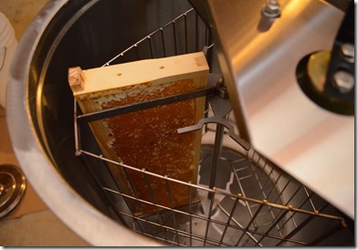 frame of honey in extractor