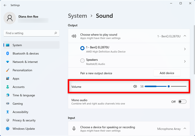 Il dispositivo di scorrimento del controllo del volume all'interno delle Impostazioni di Windows 11